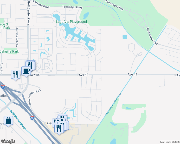 map of restaurants, bars, coffee shops, grocery stores, and more near 43876 Riunione Place in Indio