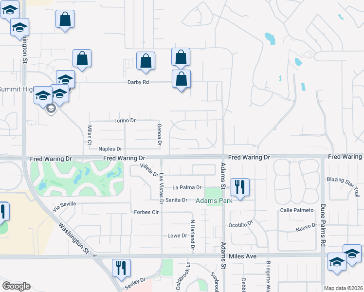 map of restaurants, bars, coffee shops, grocery stores, and more near 78870 Meridian Way in La Quinta