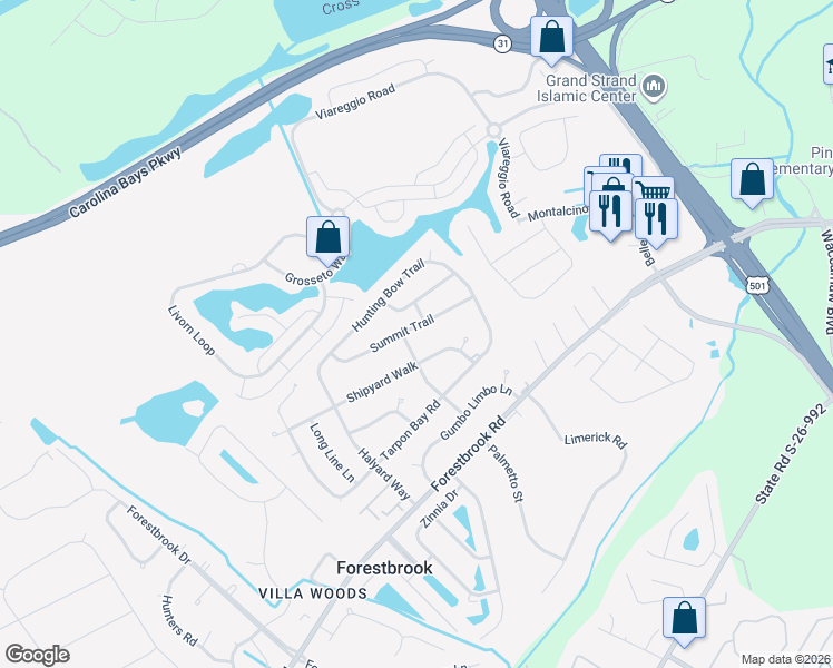 map of restaurants, bars, coffee shops, grocery stores, and more near 4330 Cross Cut Trail in Myrtle Beach