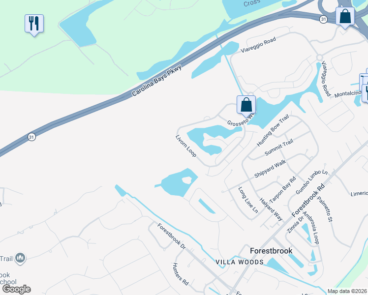 map of restaurants, bars, coffee shops, grocery stores, and more near 4332 Livorn Loop in Myrtle Beach