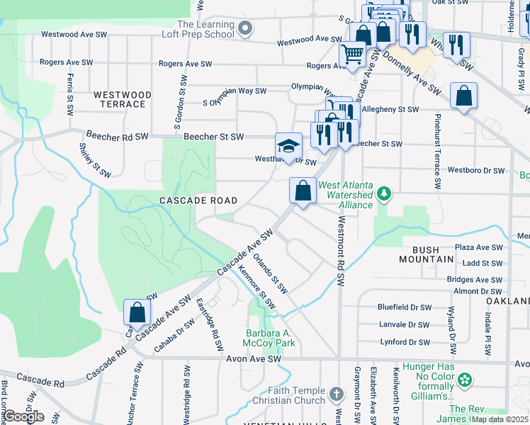 map of restaurants, bars, coffee shops, grocery stores, and more near 1679 Altadena Place Southwest in Atlanta