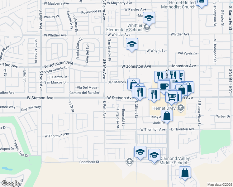 map of restaurants, bars, coffee shops, grocery stores, and more near 785 Val Monte Drive in Hemet