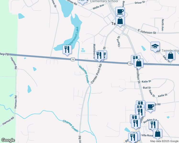 map of restaurants, bars, coffee shops, grocery stores, and more near 119 Sourwood Lane in Temple