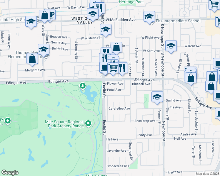 map of restaurants, bars, coffee shops, grocery stores, and more near 11079 Flower Avenue in Fountain Valley