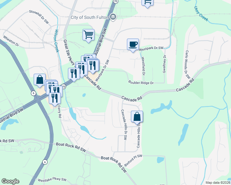 map of restaurants, bars, coffee shops, grocery stores, and more near 5375 Cascade Road in Atlanta