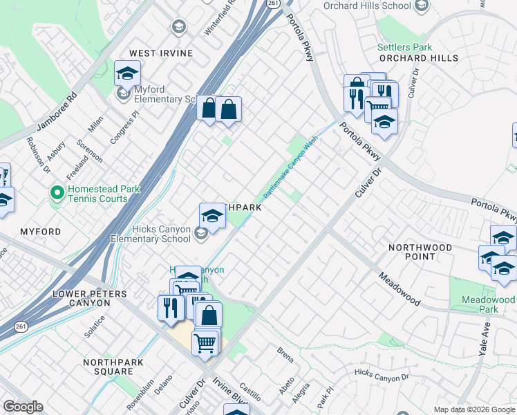 map of restaurants, bars, coffee shops, grocery stores, and more near 36 Walnut Creek in Irvine