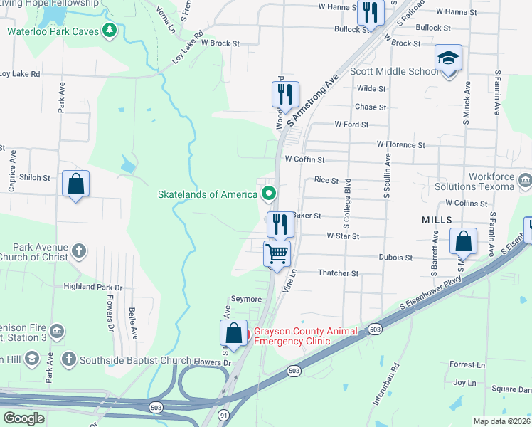 map of restaurants, bars, coffee shops, grocery stores, and more near 2629 Woodlawn Boulevard in Denison