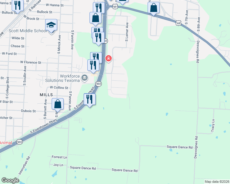 map of restaurants, bars, coffee shops, grocery stores, and more near 115 East Doris Drive in Denison