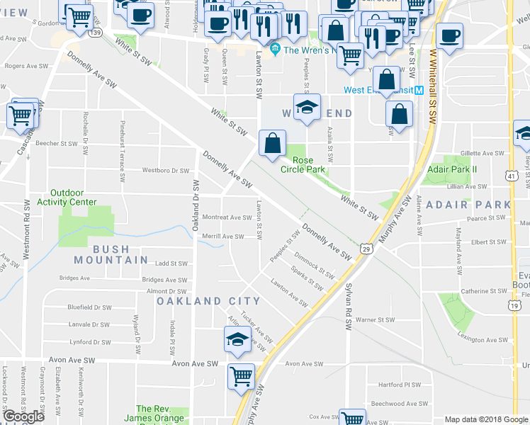 map of restaurants, bars, coffee shops, grocery stores, and more near 926 Lawton Street Southwest in Atlanta