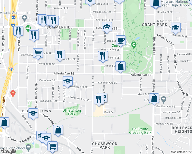 map of restaurants, bars, coffee shops, grocery stores, and more near 296 Atlanta Avenue Southeast in Atlanta