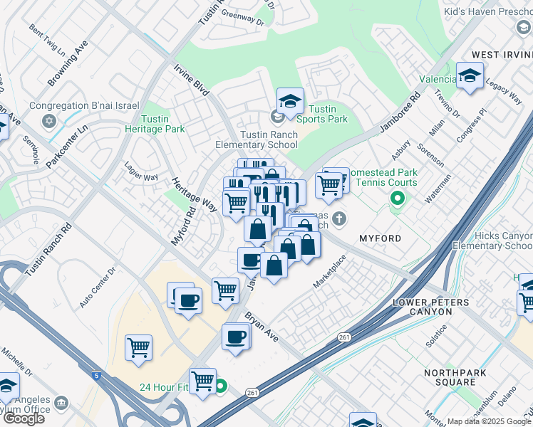 map of restaurants, bars, coffee shops, grocery stores, and more near 13211 Jamboree Road in Tustin