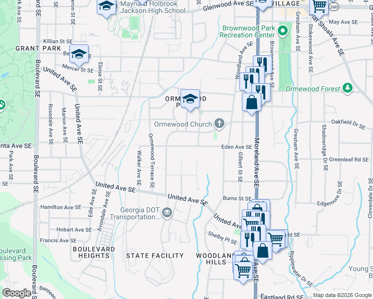 map of restaurants, bars, coffee shops, grocery stores, and more near 991 Eden Avenue Southeast in Atlanta