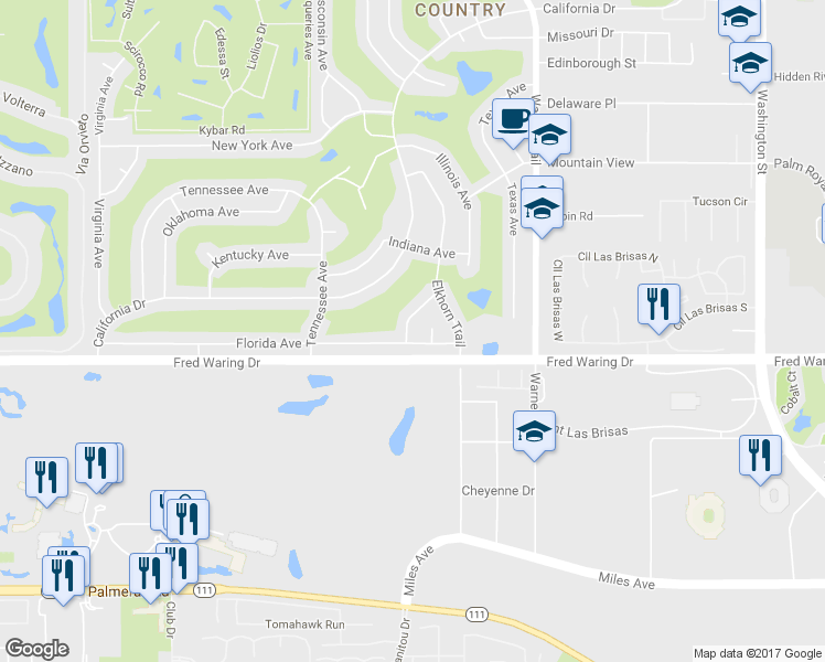 map of restaurants, bars, coffee shops, grocery stores, and more near 43705 Louisiana Street in Palm Desert