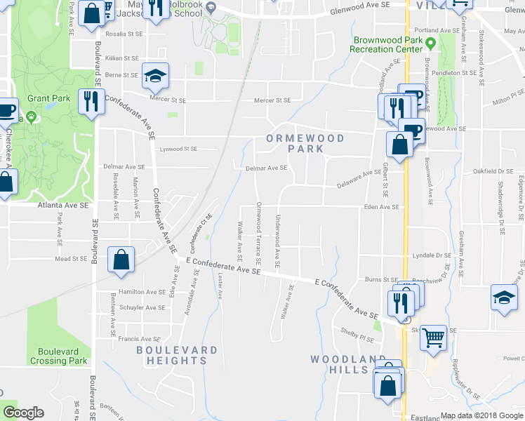 map of restaurants, bars, coffee shops, grocery stores, and more near 907 Eden Avenue Southeast in Atlanta
