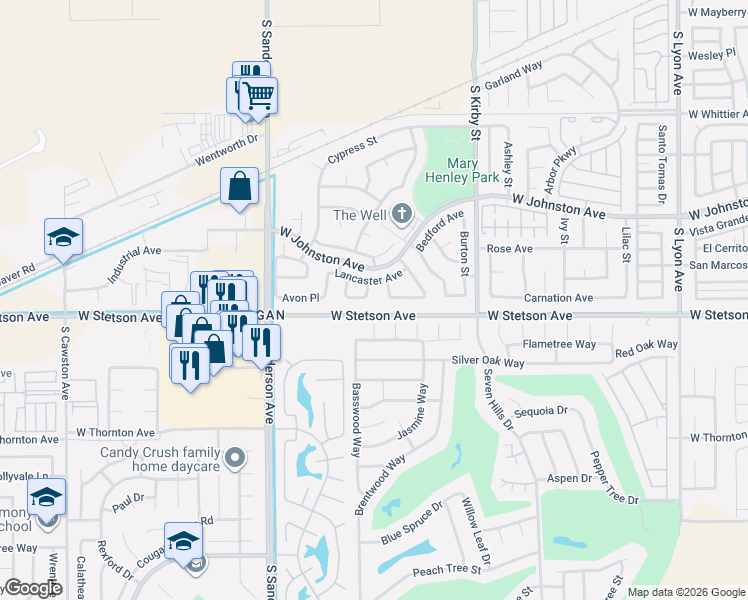 map of restaurants, bars, coffee shops, grocery stores, and more near 2771 Lancaster Avenue in Hemet