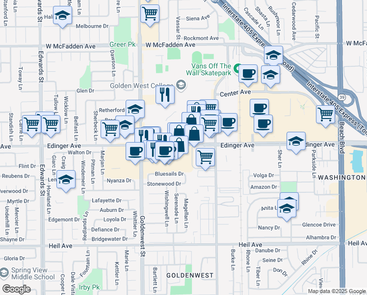 map of restaurants, bars, coffee shops, grocery stores, and more near 7153 Edinger Avenue in Huntington Beach