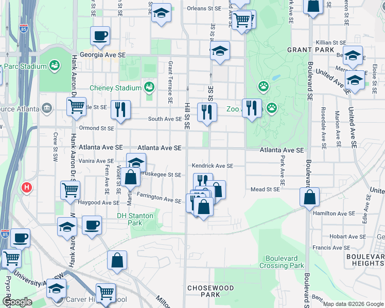 map of restaurants, bars, coffee shops, grocery stores, and more near 297 Atlanta Avenue Southeast in Atlanta