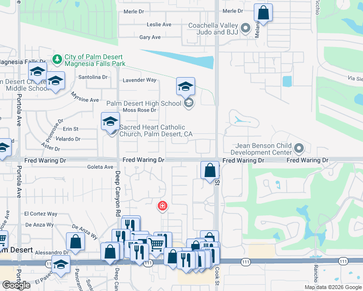 map of restaurants, bars, coffee shops, grocery stores, and more near 74805 San Cristoval Circle in Palm Desert