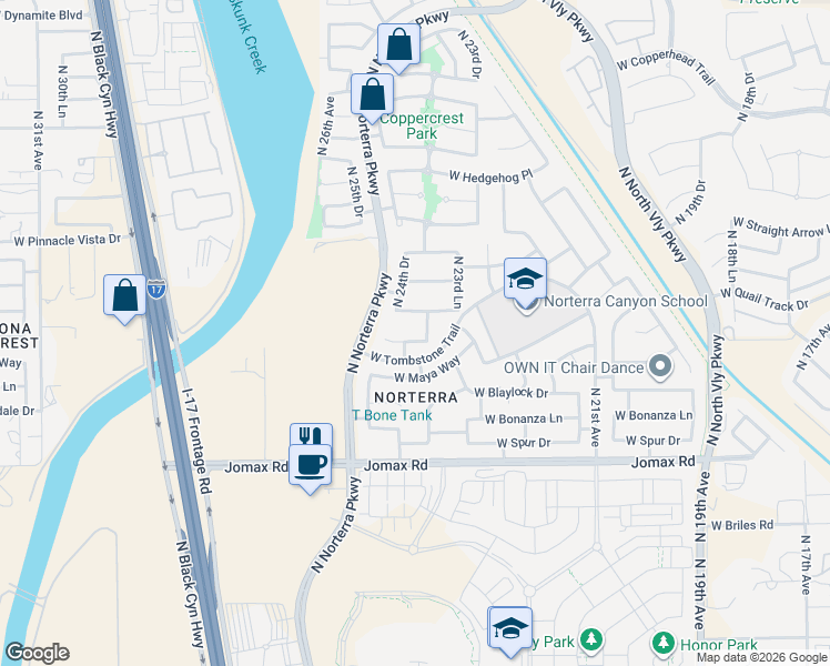 map of restaurants, bars, coffee shops, grocery stores, and more near 2417 West Quail Track Drive in Phoenix