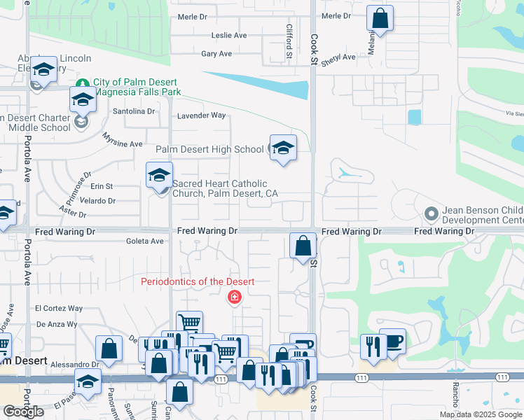 map of restaurants, bars, coffee shops, grocery stores, and more near 74805 San Cristoval Circle in Palm Desert