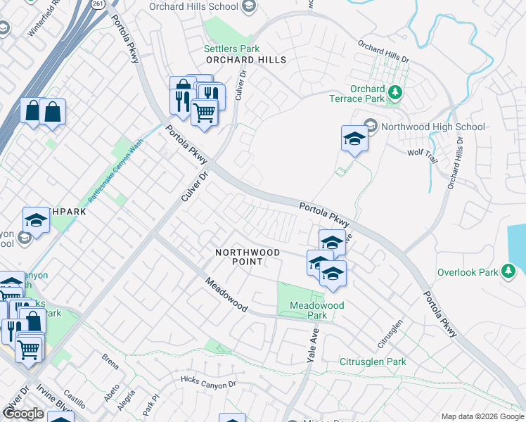 map of restaurants, bars, coffee shops, grocery stores, and more near 128 Trellis Lane in Irvine