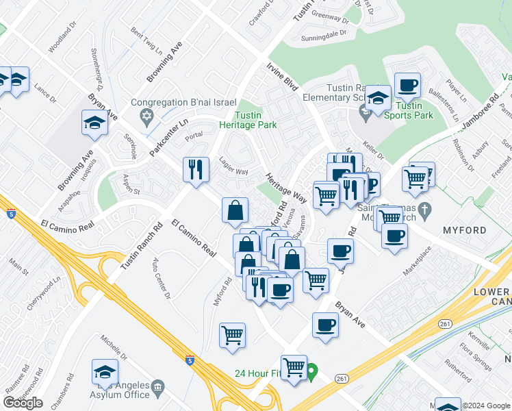 map of restaurants, bars, coffee shops, grocery stores, and more near 2593 Sutter Court in Tustin