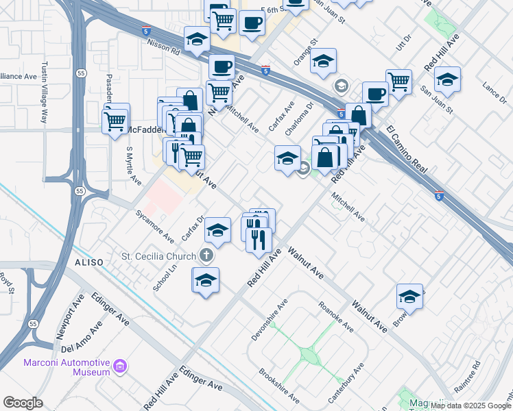 map of restaurants, bars, coffee shops, grocery stores, and more near 14461 Denbigh Lane in Tustin
