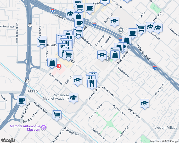 map of restaurants, bars, coffee shops, grocery stores, and more near 14462 Wildeve Lane in Tustin