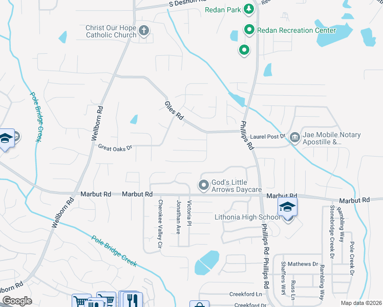 map of restaurants, bars, coffee shops, grocery stores, and more near 6161 Raleigh Oaks Court in Lithonia