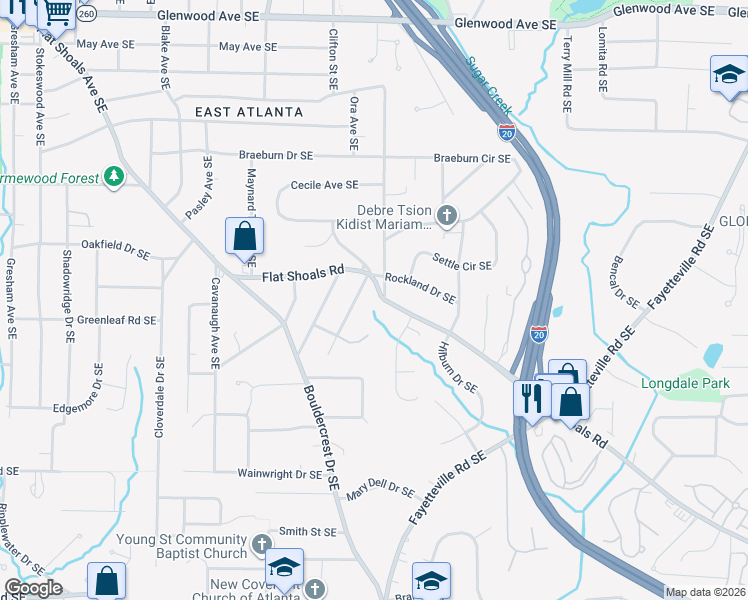 map of restaurants, bars, coffee shops, grocery stores, and more near 1753 Flat Shoals Road Southeast in Atlanta