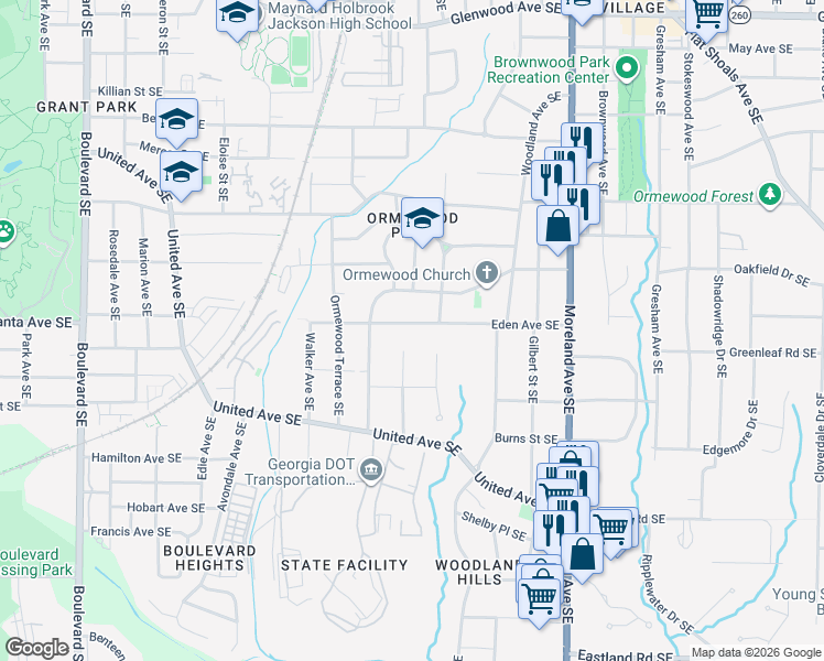 map of restaurants, bars, coffee shops, grocery stores, and more near 991 Eden Avenue Southeast in Atlanta