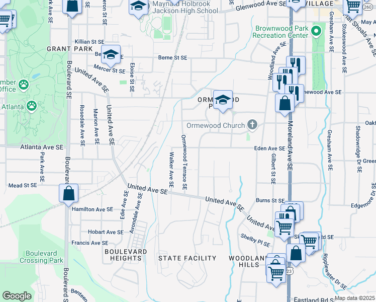 map of restaurants, bars, coffee shops, grocery stores, and more near 907 Eden Avenue Southeast in Atlanta