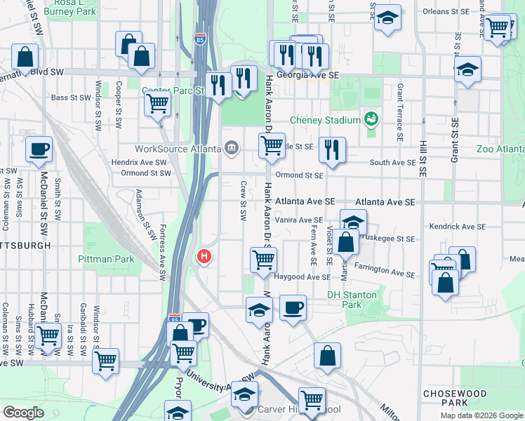 map of restaurants, bars, coffee shops, grocery stores, and more near 898 Crew Street Southwest in Atlanta
