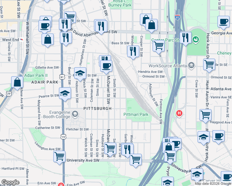 map of restaurants, bars, coffee shops, grocery stores, and more near 380 Gardner Street Southwest in Atlanta