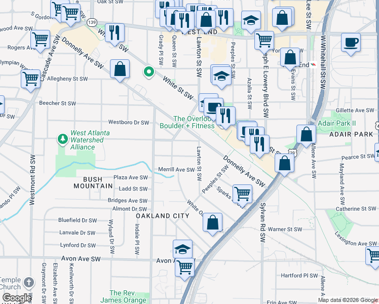 map of restaurants, bars, coffee shops, grocery stores, and more near 1122 Richland Road Southwest in Atlanta