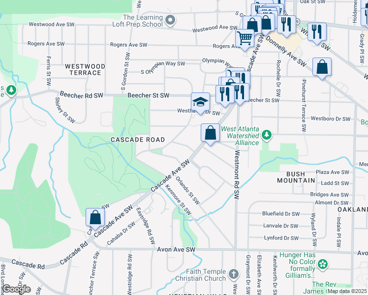 map of restaurants, bars, coffee shops, grocery stores, and more near 1679 Altadena Place Southwest in Atlanta