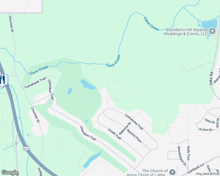 map of restaurants, bars, coffee shops, grocery stores, and more near 609 Creek Trail in Anniston