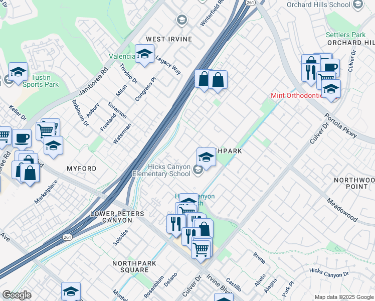 map of restaurants, bars, coffee shops, grocery stores, and more near 34 Spring Valley in Irvine