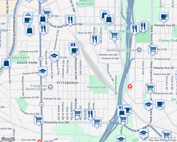 map of restaurants, bars, coffee shops, grocery stores, and more near 909 Garibaldi Street Southwest in Atlanta