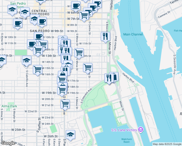 map of restaurants, bars, coffee shops, grocery stores, and more near 1503 South Centre Street in Los Angeles