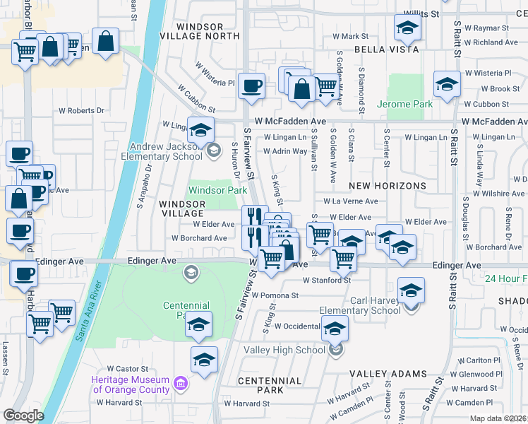 map of restaurants, bars, coffee shops, grocery stores, and more near 1326 South Marine Street in Santa Ana