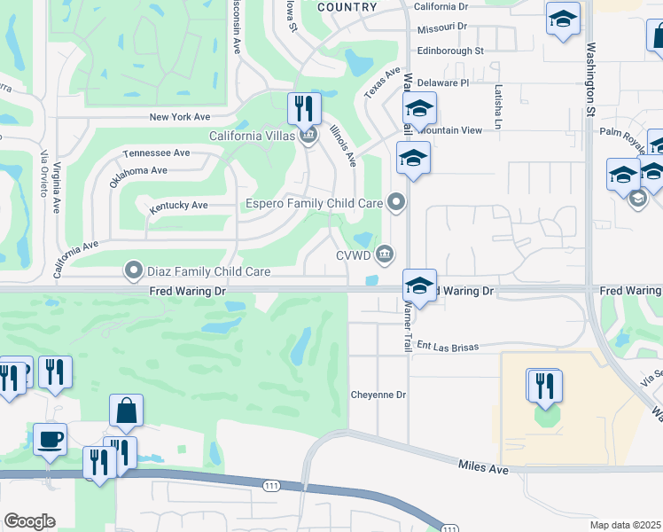 map of restaurants, bars, coffee shops, grocery stores, and more near 77304 Ohio Court in Palm Desert