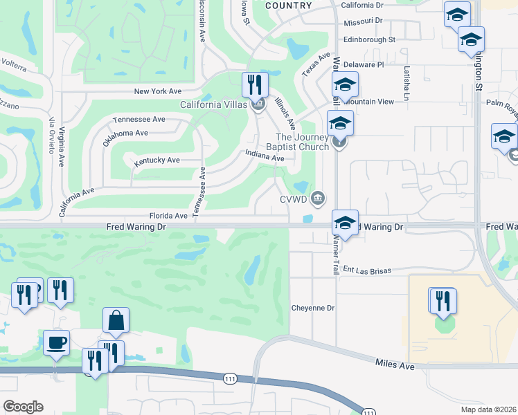 map of restaurants, bars, coffee shops, grocery stores, and more near 43730 Louisiana Street in Palm Desert