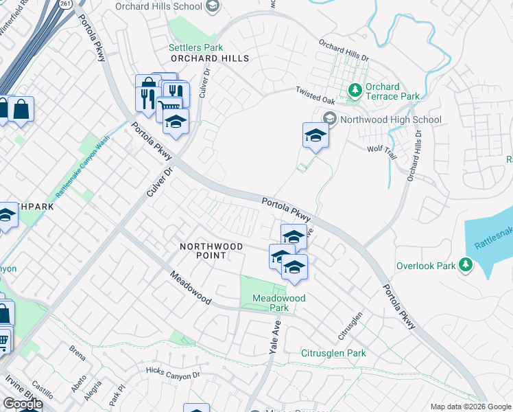 map of restaurants, bars, coffee shops, grocery stores, and more near 82 Winslow Lane in Irvine