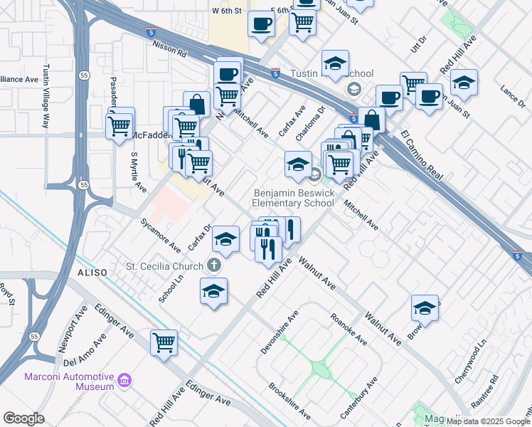 map of restaurants, bars, coffee shops, grocery stores, and more near 14461 Denbigh Lane in Tustin