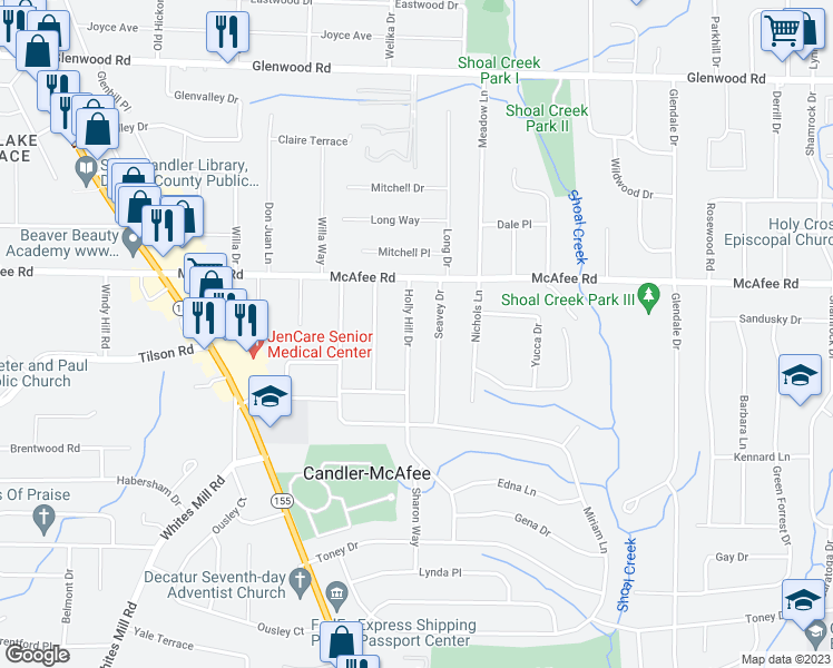 map of restaurants, bars, coffee shops, grocery stores, and more near 2064 Holly Hill Drive in Decatur