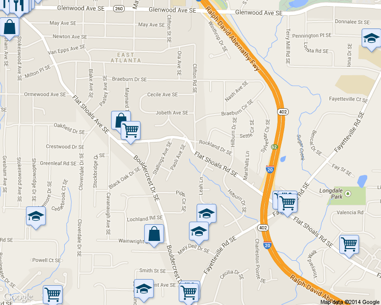 map of restaurants, bars, coffee shops, grocery stores, and more near 1753 Flat Shoals Rd SE in Atlanta