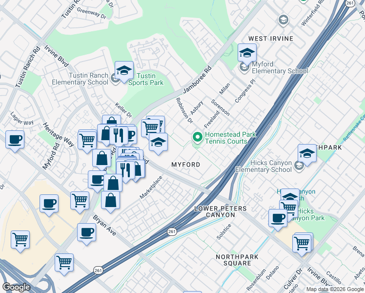 map of restaurants, bars, coffee shops, grocery stores, and more near West Irvine Trail in Irvine