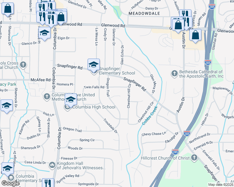 map of restaurants, bars, coffee shops, grocery stores, and more near 3582 Crown Point Court in Decatur