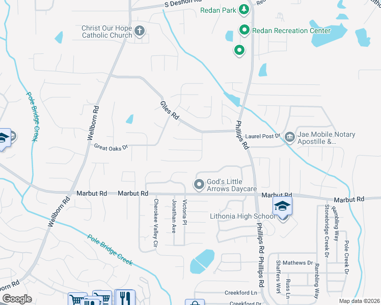 map of restaurants, bars, coffee shops, grocery stores, and more near 6161 Raleigh Oaks Court in Lithonia